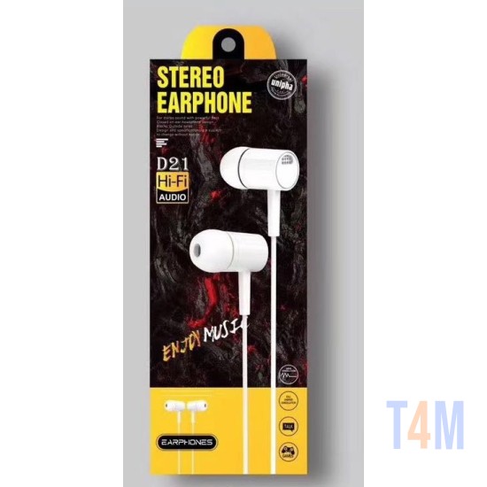 STEREO EARPHONE D21 EXTRA BASS HI-FI AUDIO BRANCO